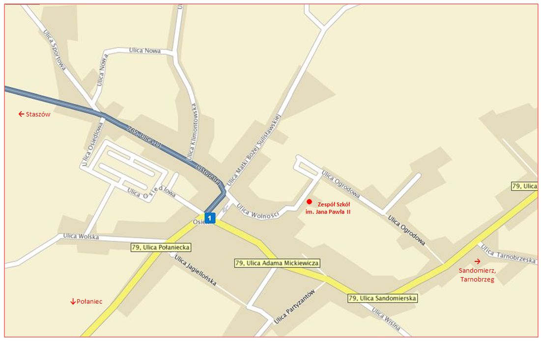 mapka dojazdu do Zespołu Szkół im. Jana Pawła II w Osieku